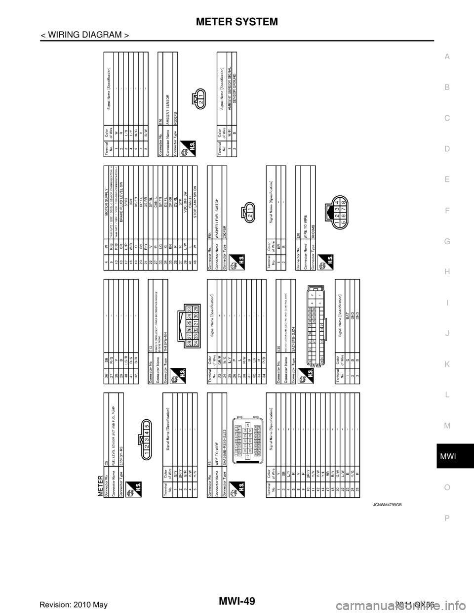 INFINITI QX56 2011  Factory Service Manual 
MWI
METER SYSTEMMWI-49
< WIRING DIAGRAM >
C
DE
F
G H
I
J
K L
M B A
O P
JCNWM4799GB
Revision: 2010 May2011 QX56  