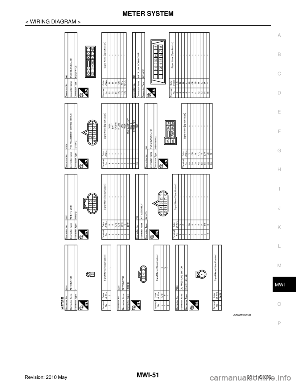 INFINITI QX56 2011  Factory Service Manual 
MWI
METER SYSTEMMWI-51
< WIRING DIAGRAM >
C
DE
F
G H
I
J
K L
M B A
O P
JCNWM4801GB
Revision: 2010 May2011 QX56  
