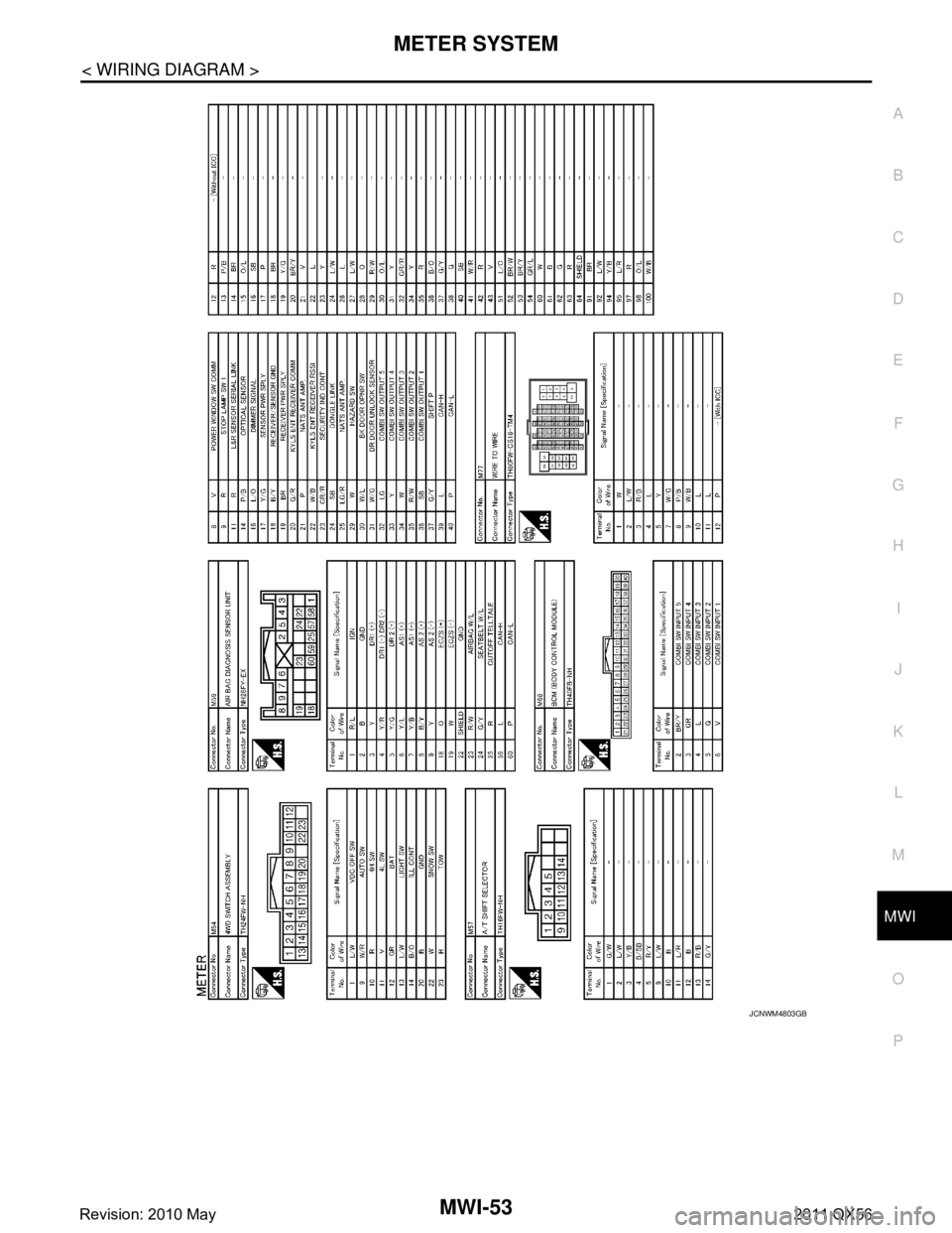 INFINITI QX56 2011  Factory Service Manual 
MWI
METER SYSTEMMWI-53
< WIRING DIAGRAM >
C
DE
F
G H
I
J
K L
M B A
O P
JCNWM4803GB
Revision: 2010 May2011 QX56  