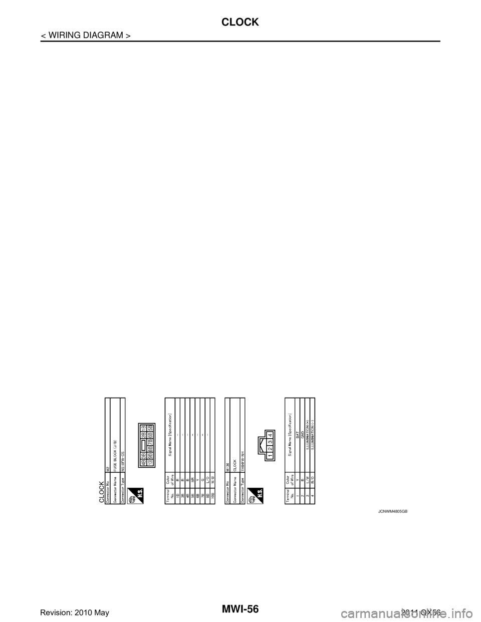 INFINITI QX56 2011  Factory Service Manual 
MWI-56
< WIRING DIAGRAM >
CLOCK
JCNWM4805GB
Revision: 2010 May2011 QX56  