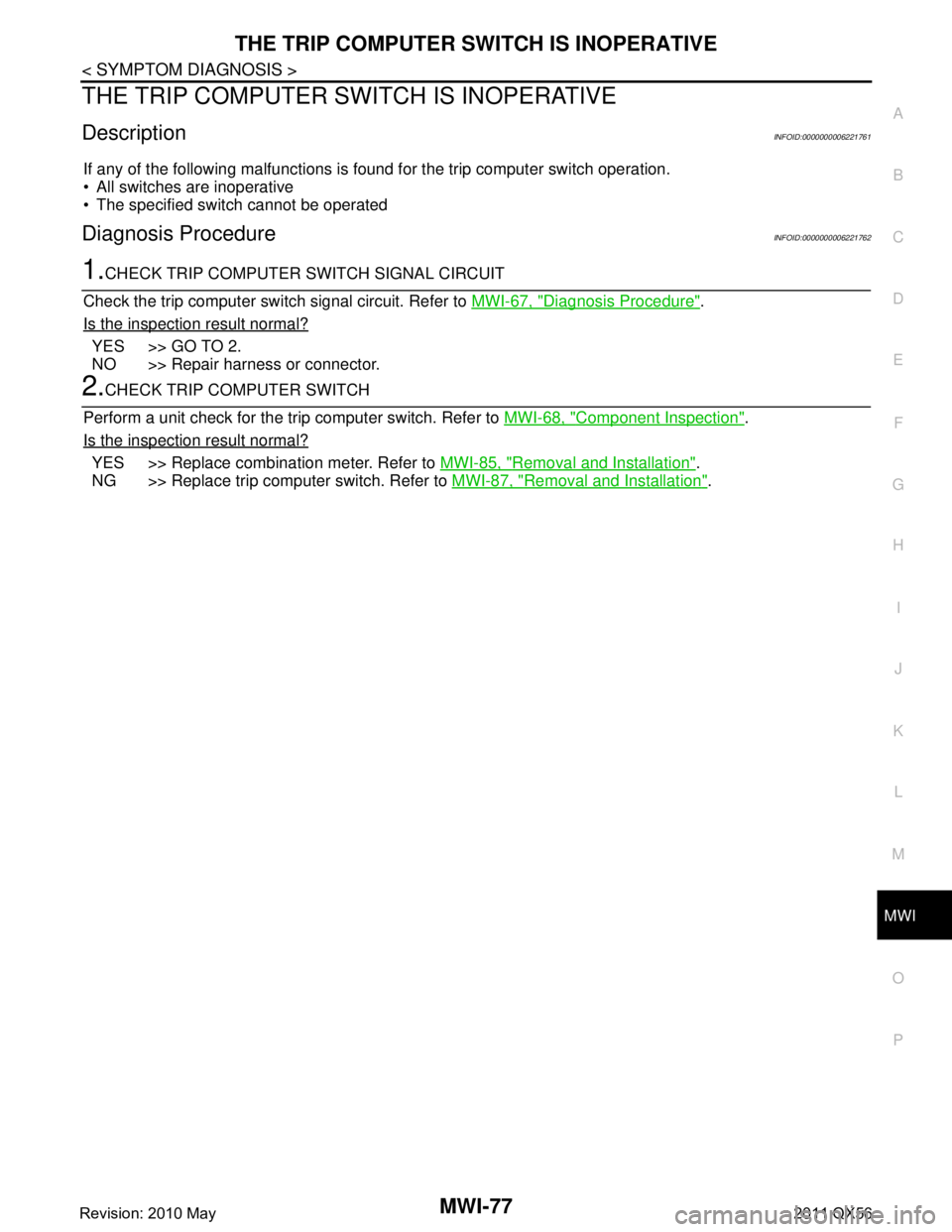INFINITI QX56 2011  Factory Service Manual 
MWI
THE TRIP COMPUTER SWITCH IS INOPERATIVEMWI-77
< SYMPTOM DIAGNOSIS >
C
DE
F
G H
I
J
K L
M B A
O P
THE TRIP COMPUTER SW ITCH IS INOPERATIVE
DescriptionINFOID:0000000006221761
If any of the followin