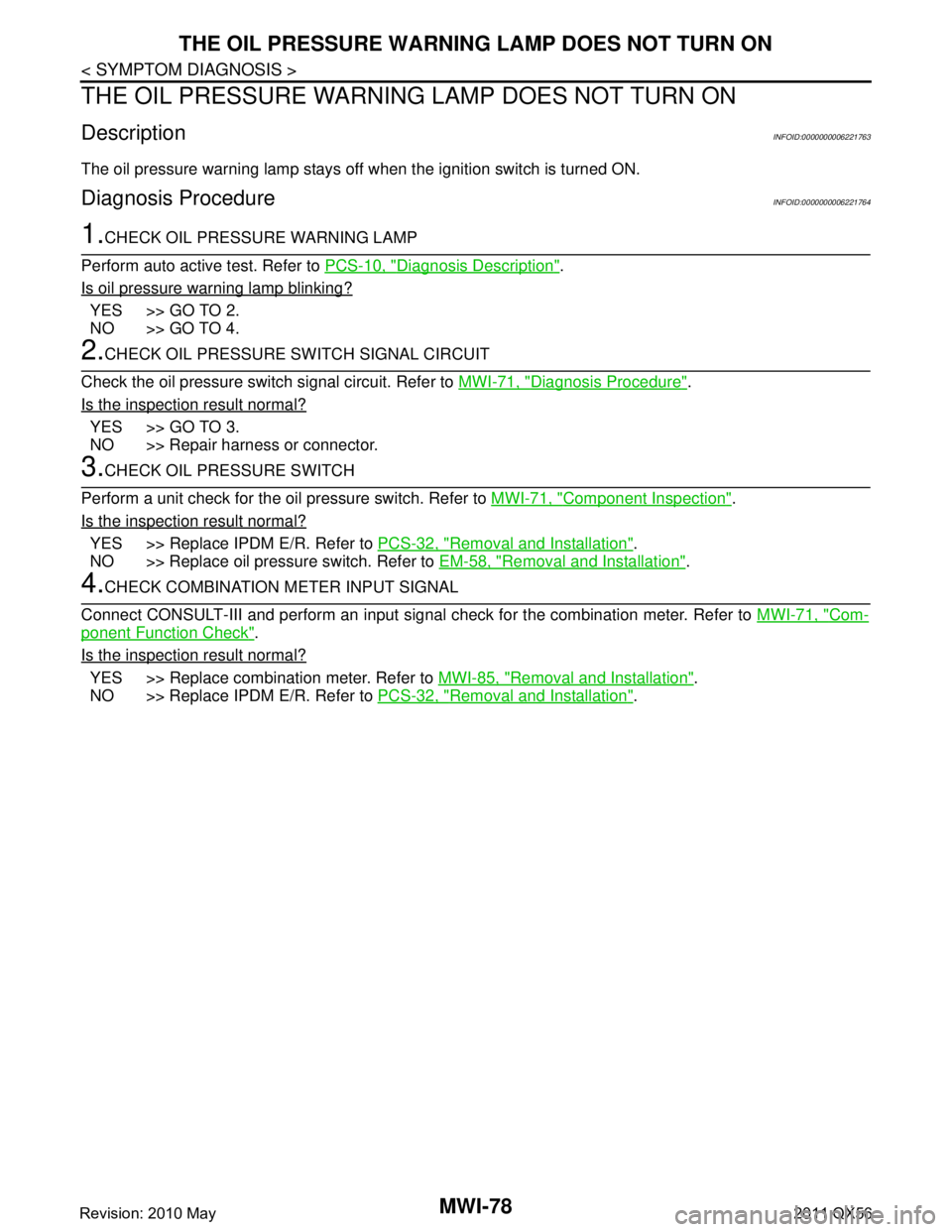 INFINITI QX56 2011 Factory Service Manual
MWI-78
< SYMPTOM DIAGNOSIS >
THE OIL PRESSURE WARNING LAMP DOES NOT TURN ON
THE OIL PRESSURE WARNING LAMP DOES NOT TURN ON
DescriptionINFOID:0000000006221763
The oil pressure warning lamp stays off INFINITI QX56 2011 Factory Service Manual
MWI-78
< SYMPTOM DIAGNOSIS >
THE OIL PRESSURE WARNING LAMP DOES NOT TURN ON
THE OIL PRESSURE WARNING LAMP DOES NOT TURN ON
DescriptionINFOID:0000000006221763
The oil pressure warning lamp stays off