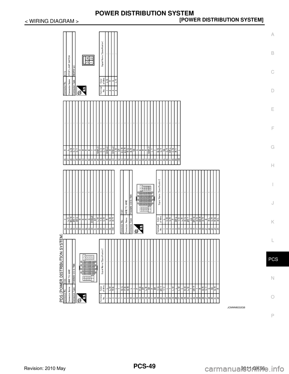 INFINITI QX56 2011  Factory Service Manual 
PCS
POWER DISTRIBUTION SYSTEMPCS-49
< WIRING DIAGRAM > [POWER DISTRIBUTION SYSTEM]
C
D
E
F
G H
I
J
K L
B A
O P
N
JCMWM8332GB
Revision: 2010 May2011 QX56  