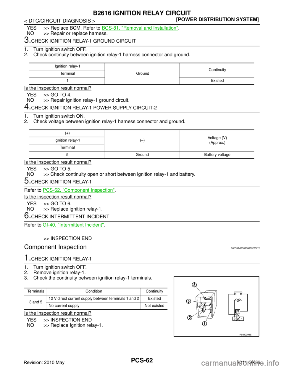 INFINITI QX56 2011  Factory Service Manual 
PCS-62
< DTC/CIRCUIT DIAGNOSIS >[POWER DISTRIBUTION SYSTEM]
B2616 IGNITION RELAY CIRCUIT
YES >> Replace BCM. Refer to 
BCS-81, "Removal and Installation".
NO >> Repair or replace harness.
3.CHECK IGN