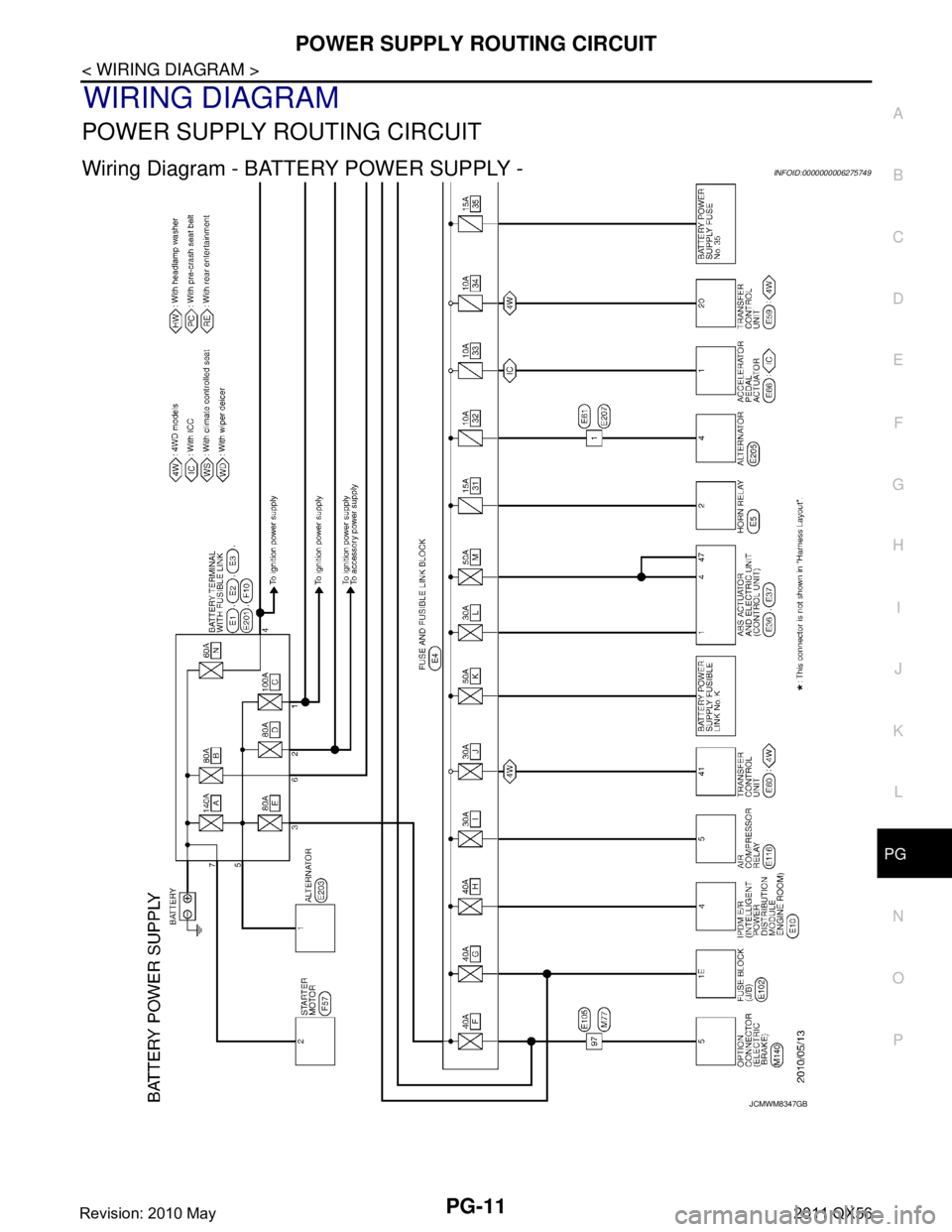 INFINITI QX56 2011  Factory Service Manual 
PG
POWER SUPPLY ROUTING CIRCUITPG-11
< WIRING DIAGRAM >
C
DE
F
G H
I
J
K L
B A
O P
N
WIRING DIAGRAM
POWER SUPPLY ROUTING CIRCUIT
Wiring Diagram - BATTERY POWER SUPPLY -INFOID:0000000006275749
JCMWM83