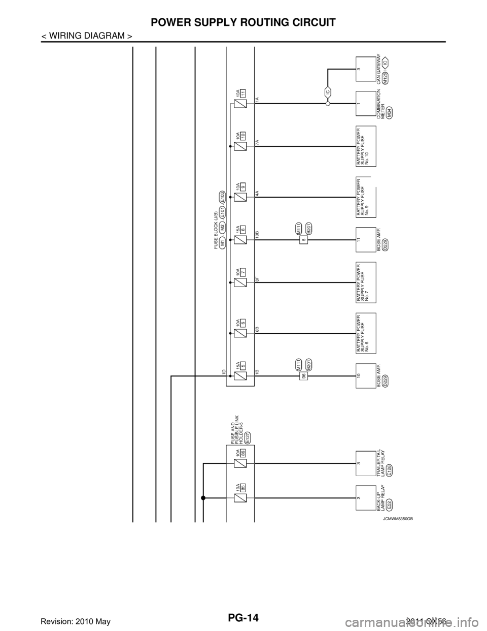 INFINITI QX56 2011  Factory Service Manual 
PG-14
< WIRING DIAGRAM >
POWER SUPPLY ROUTING CIRCUIT
JCMWM8350GB
Revision: 2010 May2011 QX56  