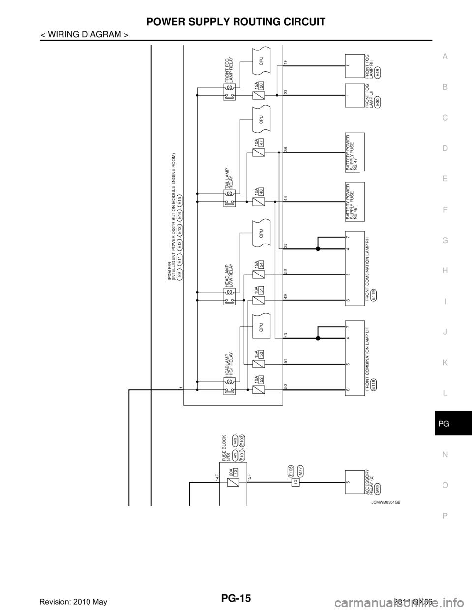 INFINITI QX56 2011  Factory Service Manual 
PG
POWER SUPPLY ROUTING CIRCUITPG-15
< WIRING DIAGRAM >
C
DE
F
G H
I
J
K L
B A
O P
N
JCMWM8351GB
Revision: 2010 May2011 QX56  