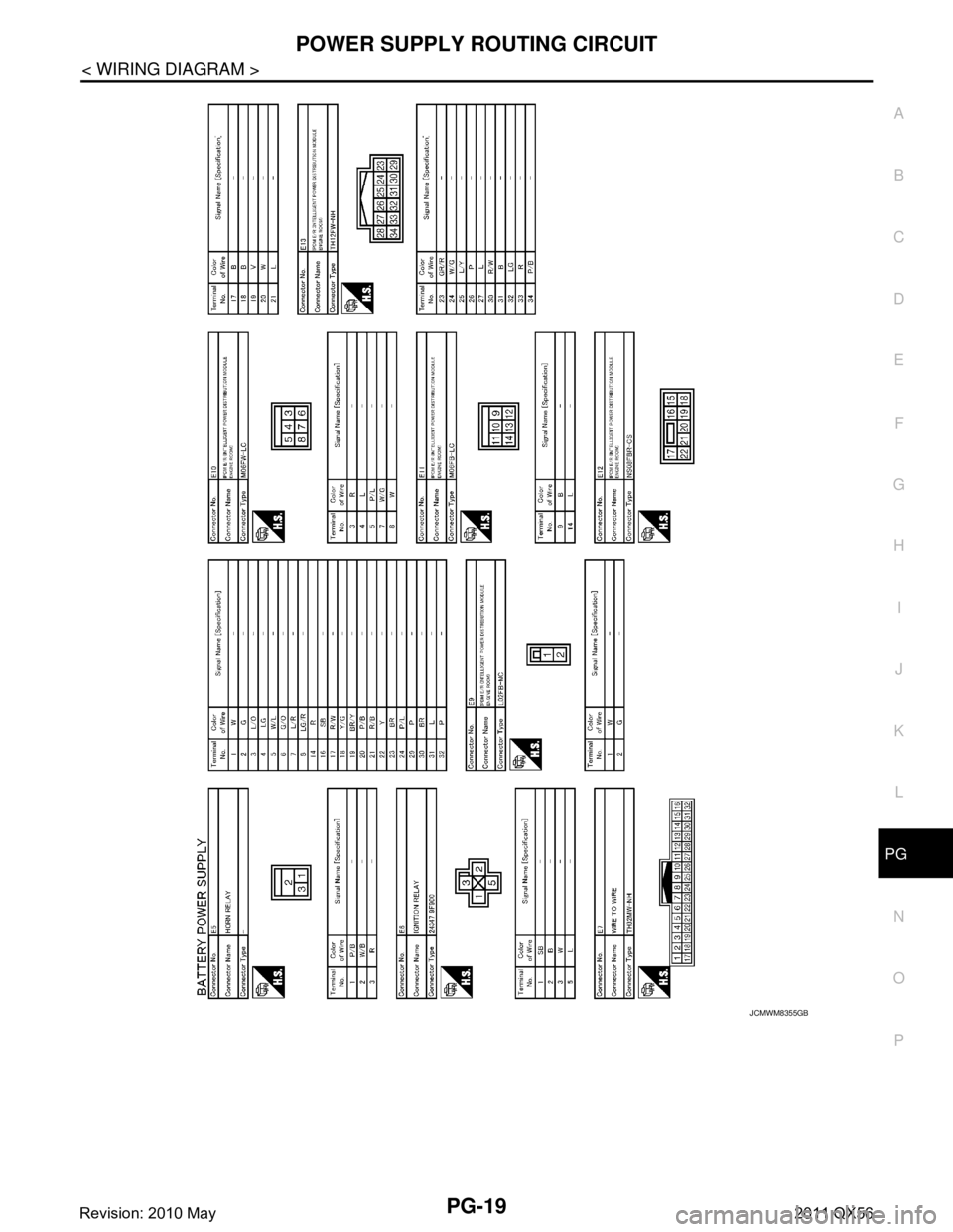 INFINITI QX56 2011  Factory Service Manual 
PG
POWER SUPPLY ROUTING CIRCUITPG-19
< WIRING DIAGRAM >
C
DE
F
G H
I
J
K L
B A
O P
N
JCMWM8355GB
Revision: 2010 May2011 QX56  