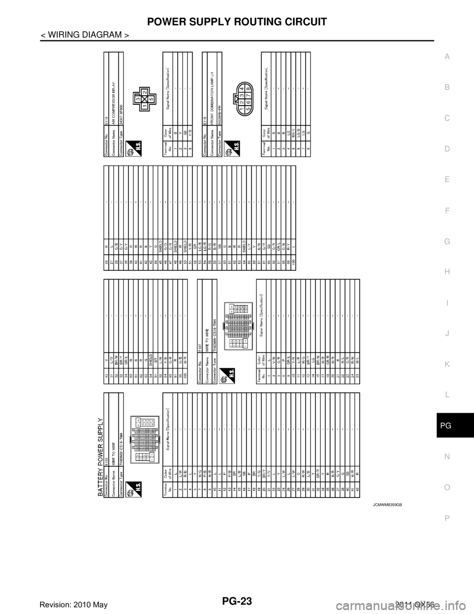 INFINITI QX56 2011  Factory Service Manual 
PG
POWER SUPPLY ROUTING CIRCUITPG-23
< WIRING DIAGRAM >
C
DE
F
G H
I
J
K L
B A
O P
N
JCMWM8359GB
Revision: 2010 May2011 QX56  