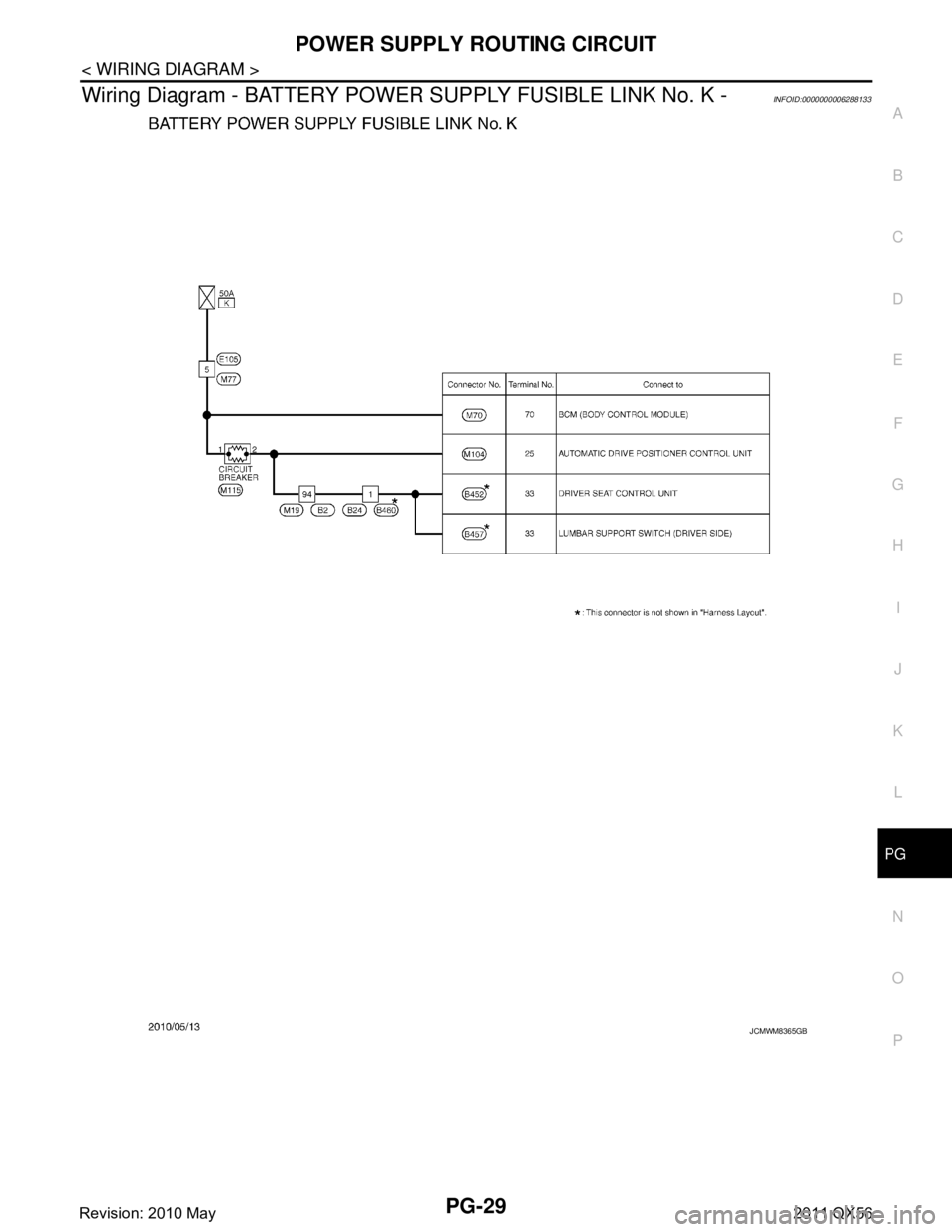 INFINITI QX56 2011  Factory Service Manual 
PG
POWER SUPPLY ROUTING CIRCUITPG-29
< WIRING DIAGRAM >
C
DE
F
G H
I
J
K L
B A
O P
N
Wiring Diagram - BATTERY POWER 
SUPPLY FUSIBLE LINK No. K -INFOID:0000000006288133
JCMWM8365GB
Revision: 2010 May2