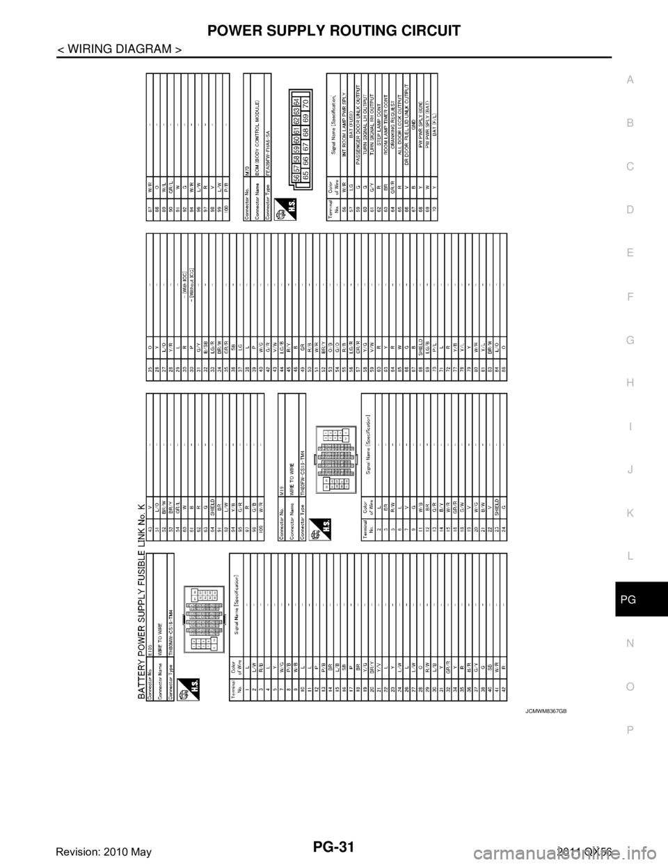 INFINITI QX56 2011  Factory Service Manual 
PG
POWER SUPPLY ROUTING CIRCUITPG-31
< WIRING DIAGRAM >
C
DE
F
G H
I
J
K L
B A
O P
N
JCMWM8367GB
Revision: 2010 May2011 QX56  