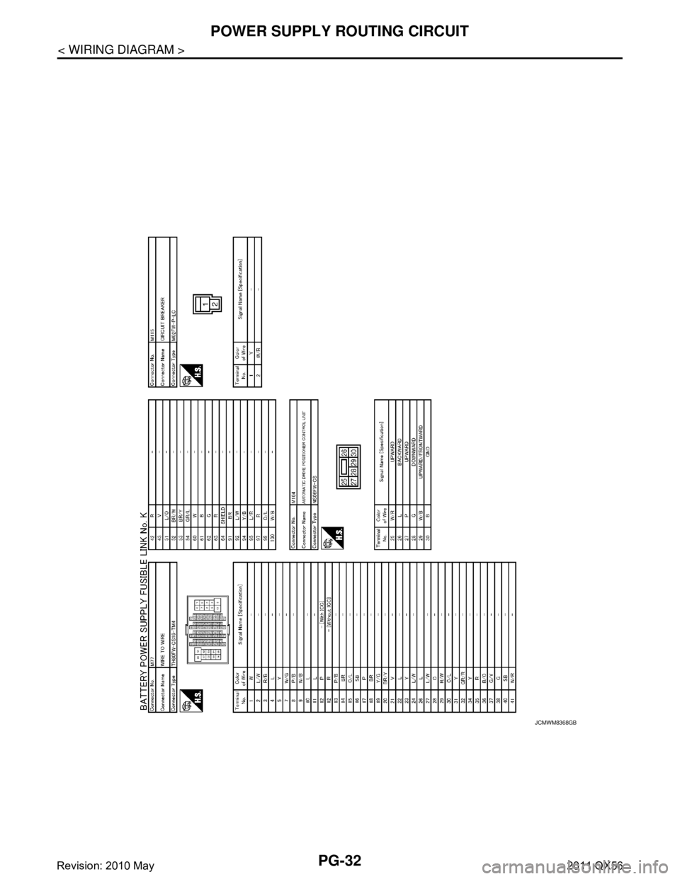 INFINITI QX56 2011  Factory Service Manual 
PG-32
< WIRING DIAGRAM >
POWER SUPPLY ROUTING CIRCUIT
JCMWM8368GB
Revision: 2010 May2011 QX56  