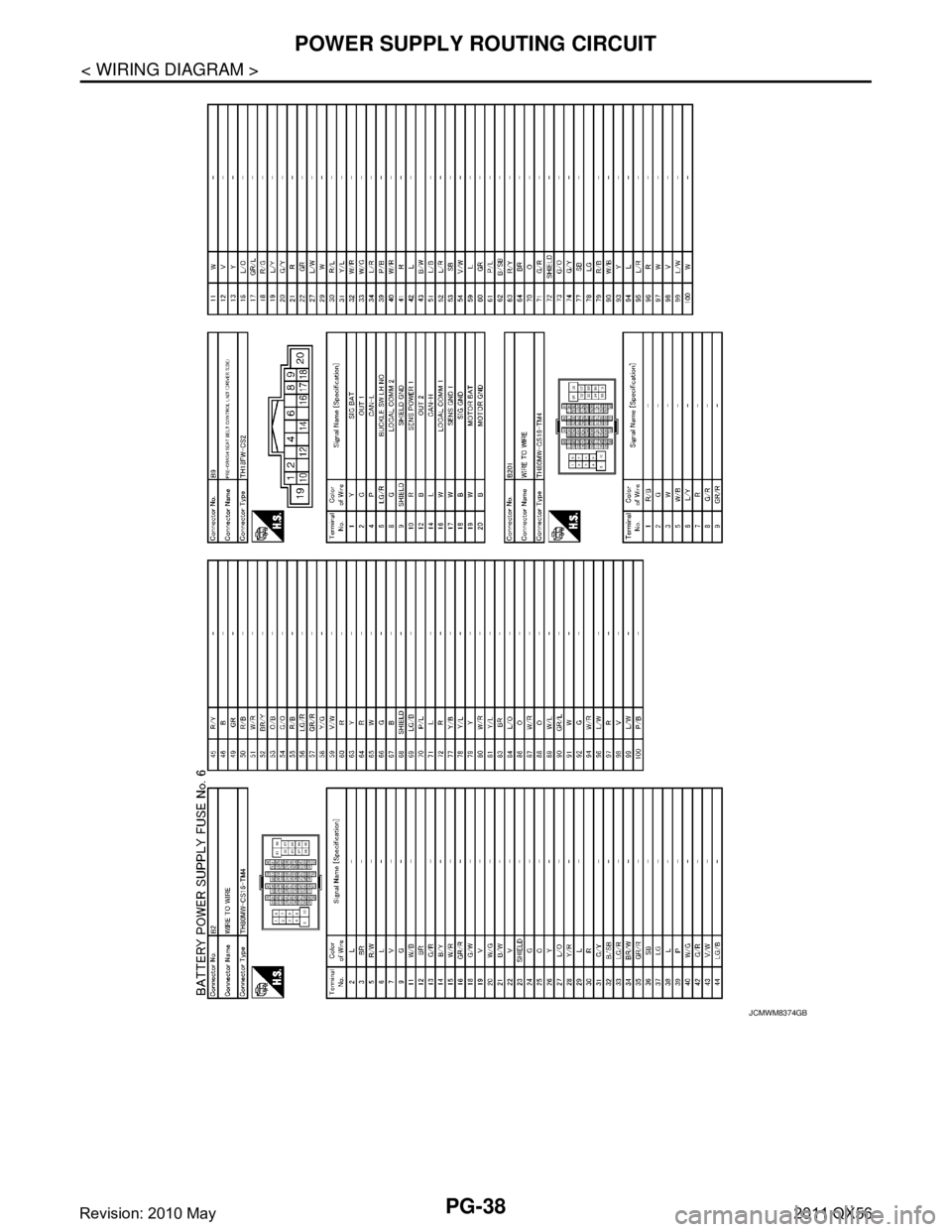 INFINITI QX56 2011  Factory Service Manual 
PG-38
< WIRING DIAGRAM >
POWER SUPPLY ROUTING CIRCUIT
JCMWM8374GB
Revision: 2010 May2011 QX56  