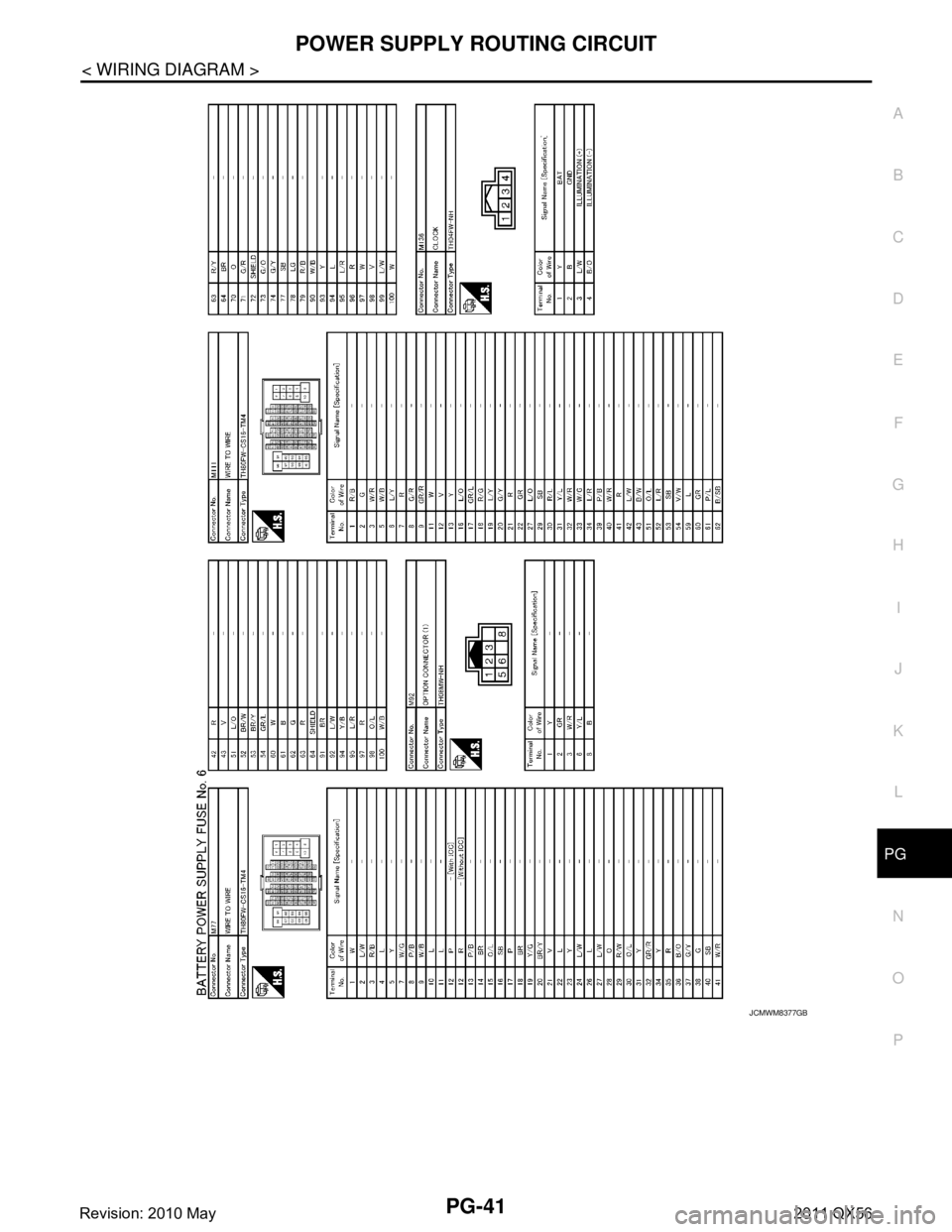 INFINITI QX56 2011  Factory Service Manual 
PG
POWER SUPPLY ROUTING CIRCUITPG-41
< WIRING DIAGRAM >
C
DE
F
G H
I
J
K L
B A
O P
N
JCMWM8377GB
Revision: 2010 May2011 QX56  