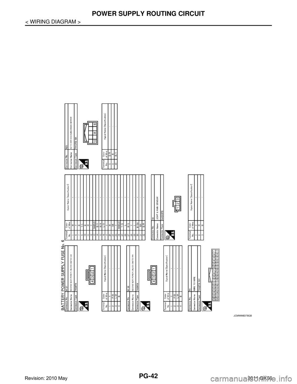INFINITI QX56 2011  Factory Service Manual 
PG-42
< WIRING DIAGRAM >
POWER SUPPLY ROUTING CIRCUIT
JCMWM8378GB
Revision: 2010 May2011 QX56  