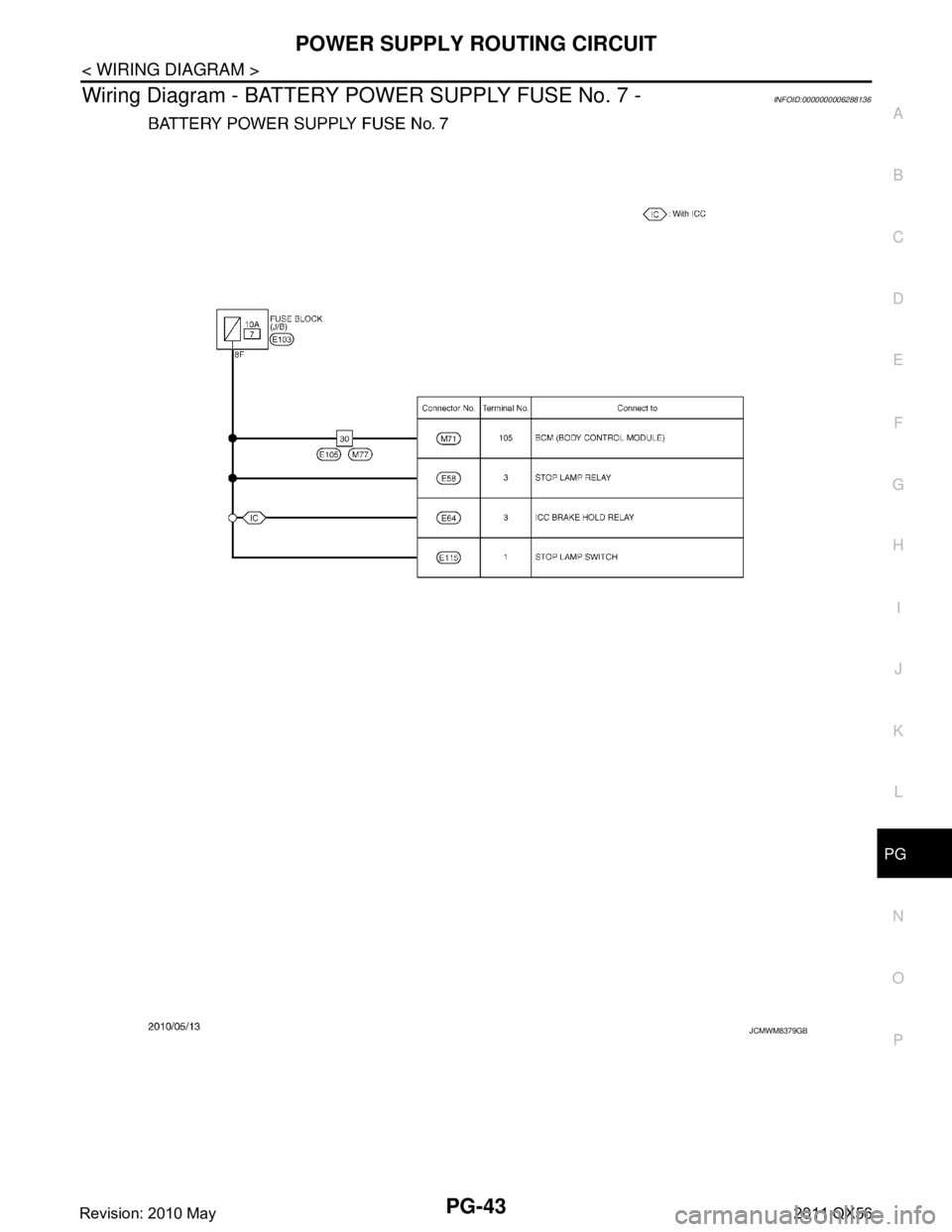 INFINITI QX56 2011  Factory Service Manual 
PG
POWER SUPPLY ROUTING CIRCUITPG-43
< WIRING DIAGRAM >
C
DE
F
G H
I
J
K L
B A
O P
N
Wiring Diagram - BATTERY POWER SUPPLY FUSE No. 7 -INFOID:0000000006288136
JCMWM8379GB
Revision: 2010 May2011 QX56 