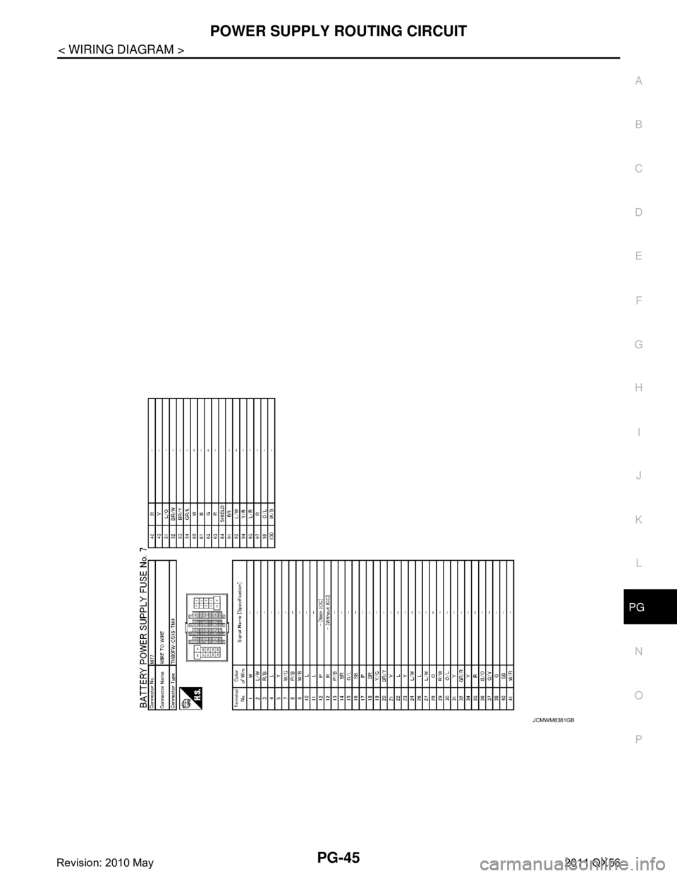 INFINITI QX56 2011  Factory Service Manual 
PG
POWER SUPPLY ROUTING CIRCUITPG-45
< WIRING DIAGRAM >
C
DE
F
G H
I
J
K L
B A
O P
N
JCMWM8381GB
Revision: 2010 May2011 QX56  