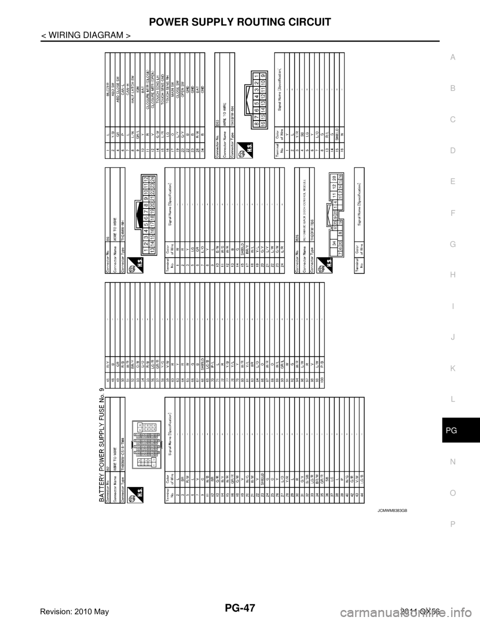INFINITI QX56 2011  Factory Service Manual 
PG
POWER SUPPLY ROUTING CIRCUITPG-47
< WIRING DIAGRAM >
C
DE
F
G H
I
J
K L
B A
O P
N
JCMWM8383GB
Revision: 2010 May2011 QX56  