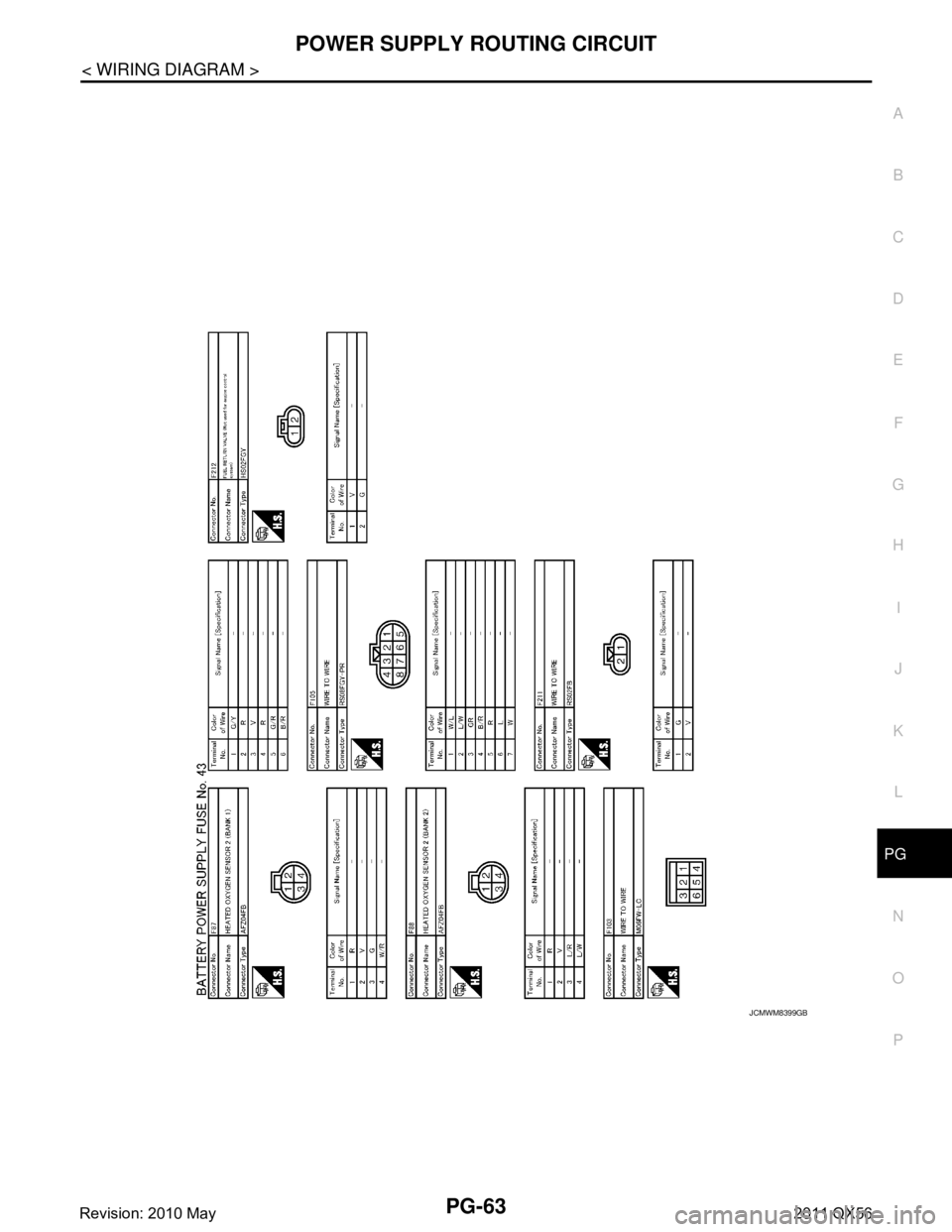 INFINITI QX56 2011  Factory Service Manual 
PG
POWER SUPPLY ROUTING CIRCUITPG-63
< WIRING DIAGRAM >
C
DE
F
G H
I
J
K L
B A
O P
N
JCMWM8399GB
Revision: 2010 May2011 QX56  