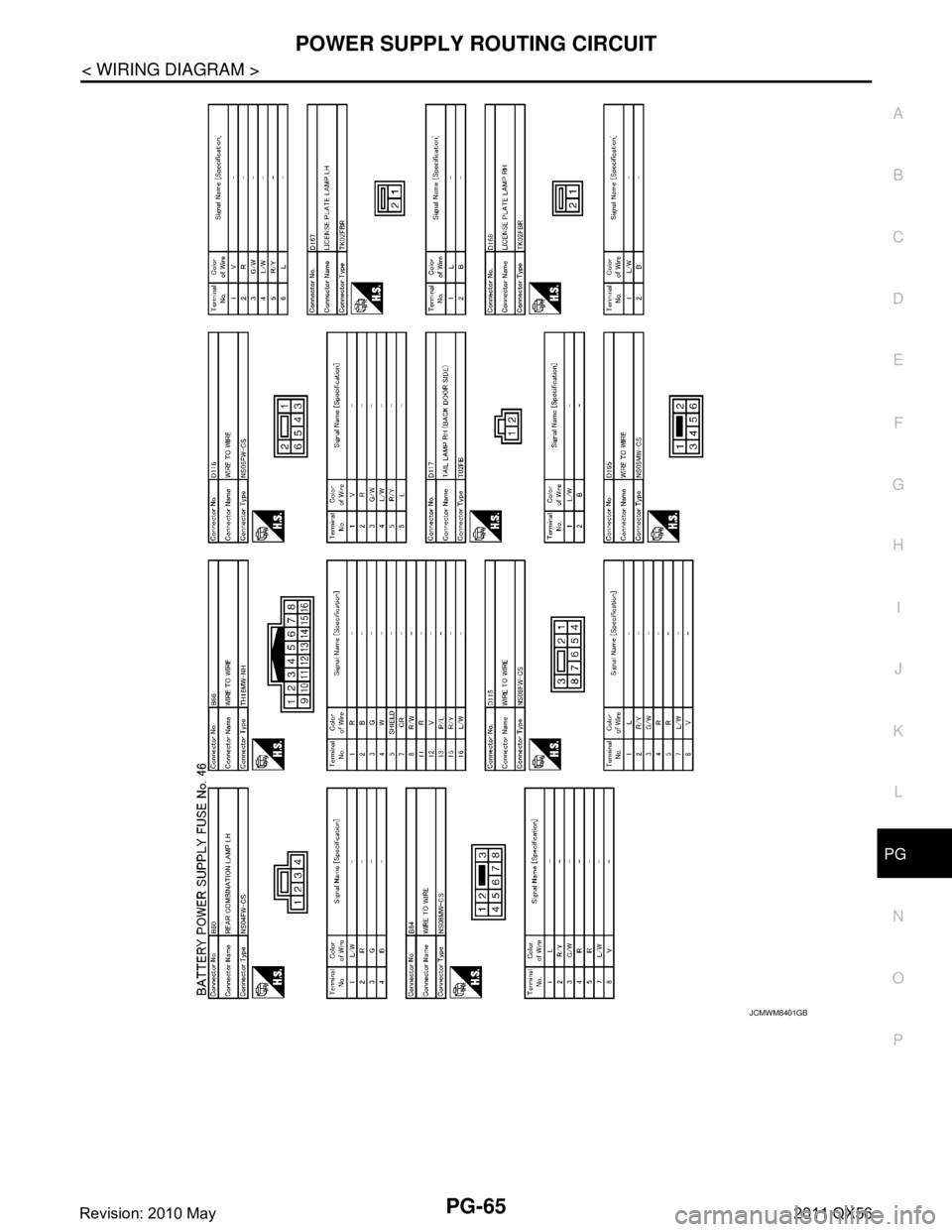 INFINITI QX56 2011  Factory Service Manual 
PG
POWER SUPPLY ROUTING CIRCUITPG-65
< WIRING DIAGRAM >
C
DE
F
G H
I
J
K L
B A
O P
N
JCMWM8401GB
Revision: 2010 May2011 QX56  
