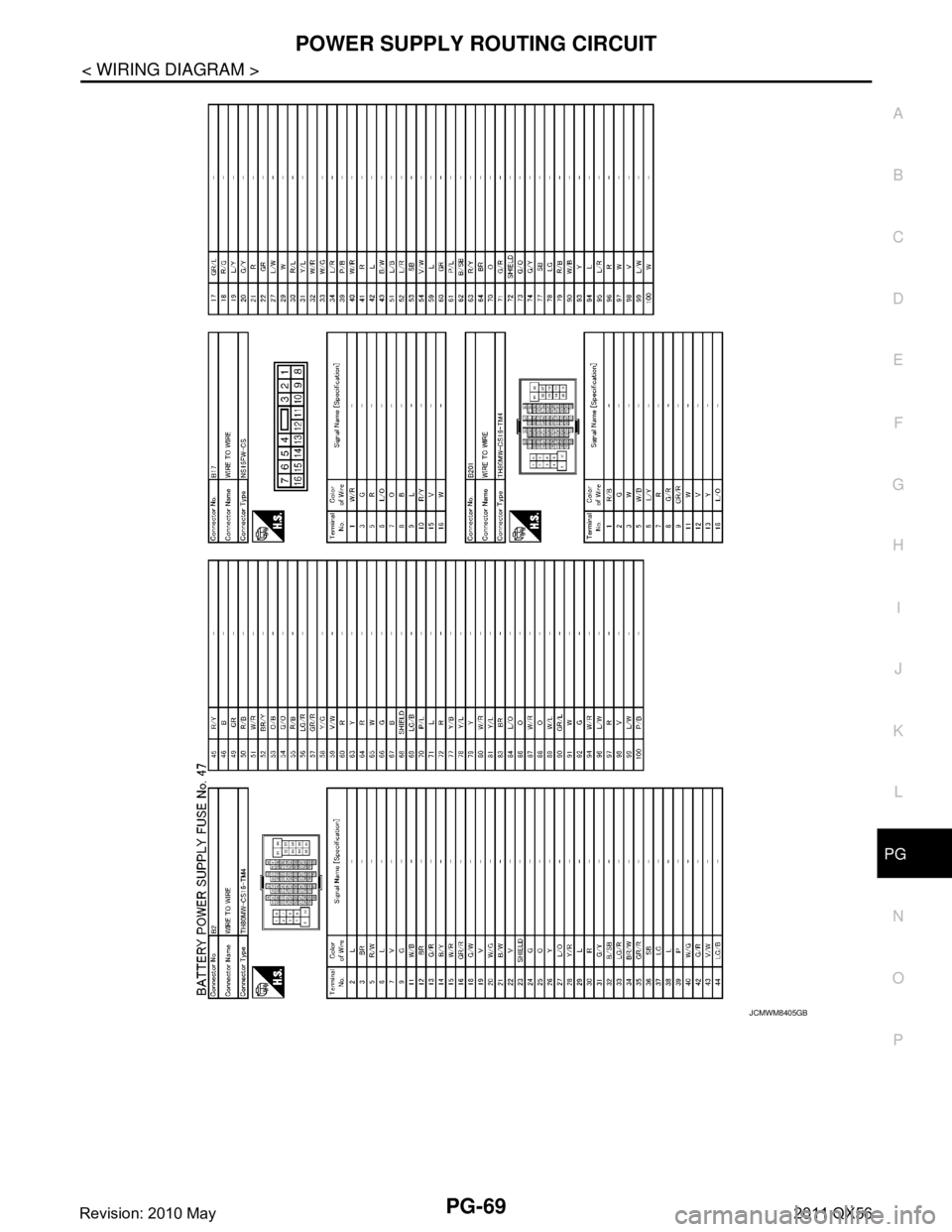 INFINITI QX56 2011  Factory Service Manual 
PG
POWER SUPPLY ROUTING CIRCUITPG-69
< WIRING DIAGRAM >
C
DE
F
G H
I
J
K L
B A
O P
N
JCMWM8405GB
Revision: 2010 May2011 QX56  