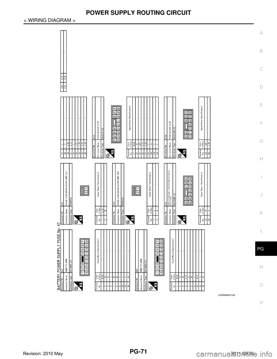 INFINITI QX56 2011  Factory Service Manual 
PG
POWER SUPPLY ROUTING CIRCUITPG-71
< WIRING DIAGRAM >
C
DE
F
G H
I
J
K L
B A
O P
N
JCMWM8407GB
Revision: 2010 May2011 QX56  