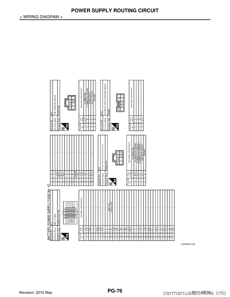 INFINITI QX56 2011  Factory Service Manual 
PG-76
< WIRING DIAGRAM >
POWER SUPPLY ROUTING CIRCUIT
JCMWM8412GB
Revision: 2010 May2011 QX56  
