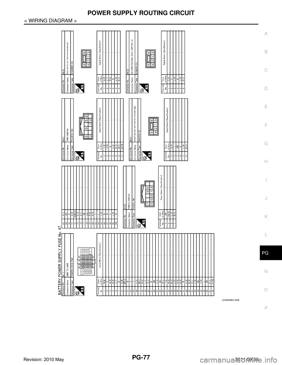 INFINITI QX56 2011  Factory Service Manual 
PG
POWER SUPPLY ROUTING CIRCUITPG-77
< WIRING DIAGRAM >
C
DE
F
G H
I
J
K L
B A
O P
N
JCMWM8413GB
Revision: 2010 May2011 QX56  