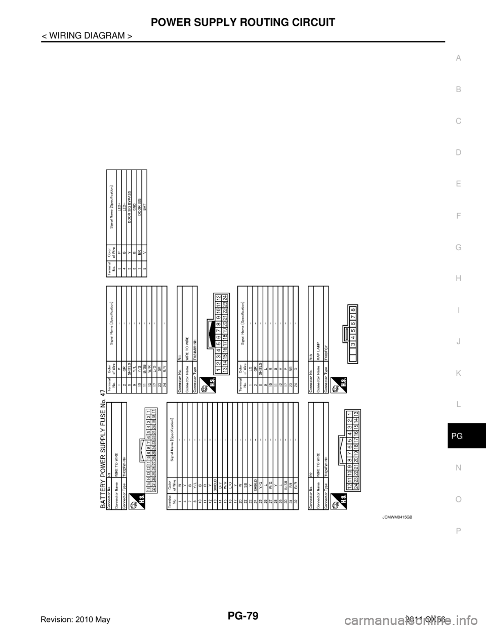 INFINITI QX56 2011  Factory Service Manual 
PG
POWER SUPPLY ROUTING CIRCUITPG-79
< WIRING DIAGRAM >
C
DE
F
G H
I
J
K L
B A
O P
N
JCMWM8415GB
Revision: 2010 May2011 QX56  