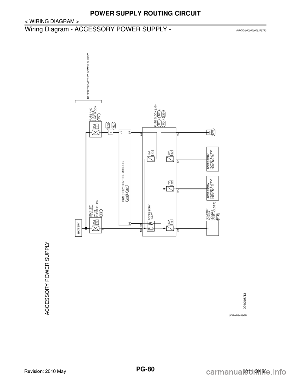 INFINITI QX56 2011  Factory Service Manual 
PG-80
< WIRING DIAGRAM >
POWER SUPPLY ROUTING CIRCUIT
Wiring Diagram - ACCESSORY POWER SUPPLY -
INFOID:0000000006275750
JCMWM8416GB
Revision: 2010 May2011 QX56  