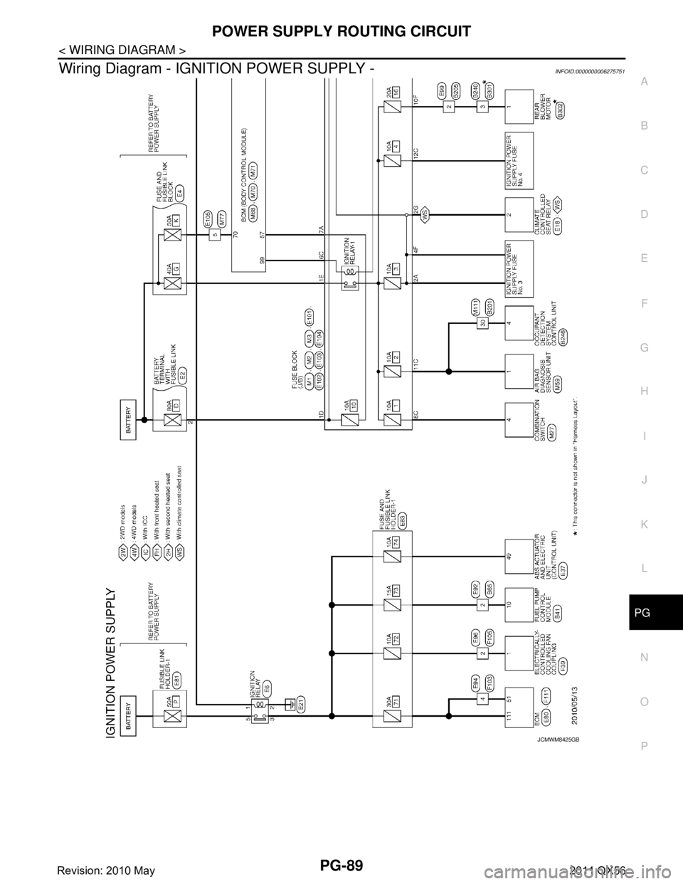 INFINITI QX56 2011  Factory Service Manual 
PG
POWER SUPPLY ROUTING CIRCUITPG-89
< WIRING DIAGRAM >
C
DE
F
G H
I
J
K L
B A
O P
N
Wiring Diagram - IGN
ITION POWER SUPPLY -INFOID:0000000006275751
JCMWM8425GB
Revision: 2010 May2011 QX56  