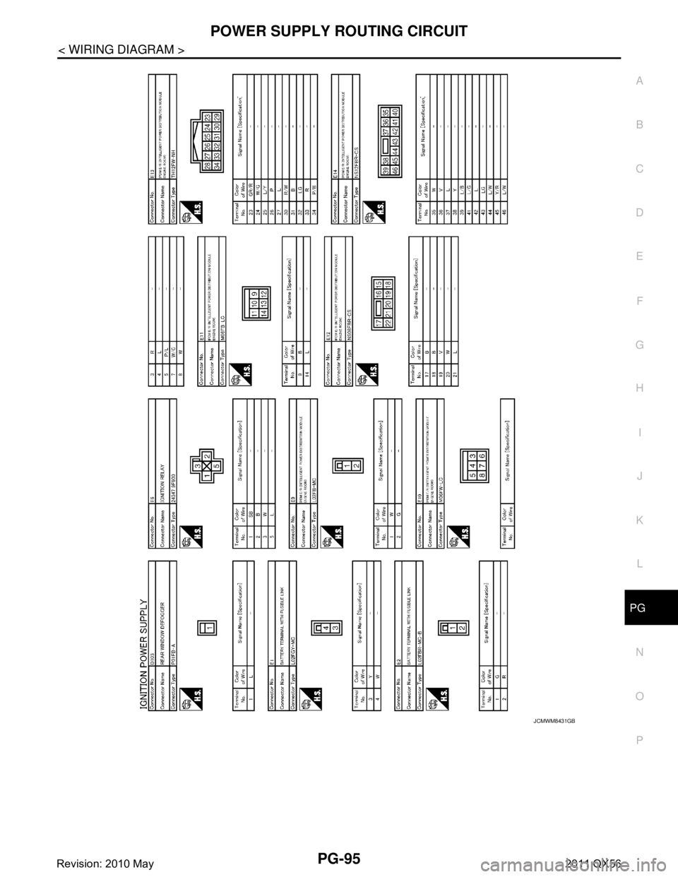 INFINITI QX56 2011  Factory Service Manual 
PG
POWER SUPPLY ROUTING CIRCUITPG-95
< WIRING DIAGRAM >
C
DE
F
G H
I
J
K L
B A
O P
N
JCMWM8431GB
Revision: 2010 May2011 QX56  