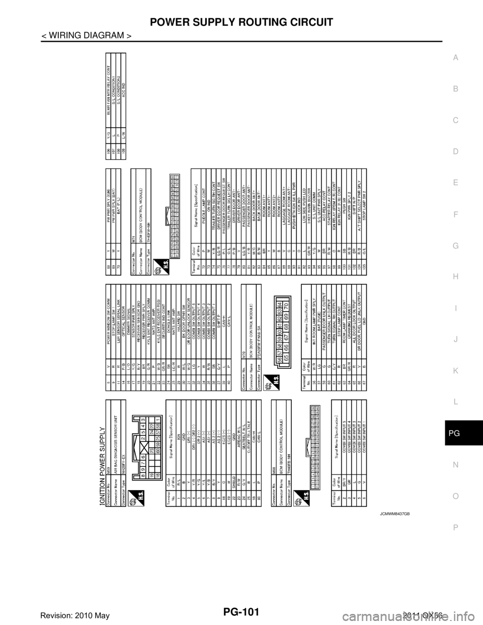 INFINITI QX56 2011  Factory Service Manual 
PG
POWER SUPPLY ROUTING CIRCUITPG-101
< WIRING DIAGRAM >
C
DE
F
G H
I
J
K L
B A
O P
N
JCMWM8437GB
Revision: 2010 May2011 QX56  