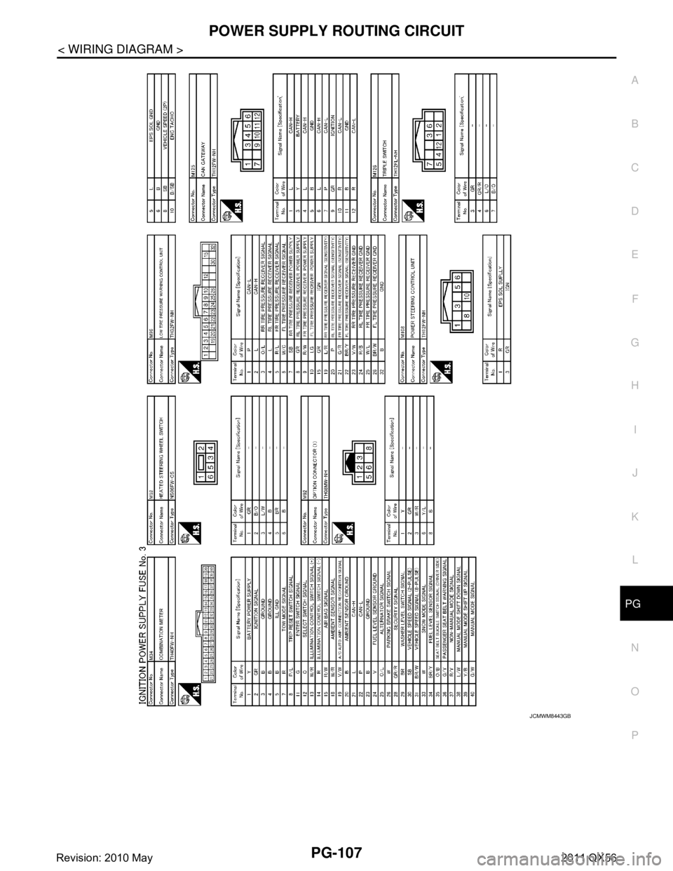 INFINITI QX56 2011  Factory Service Manual 
PG
POWER SUPPLY ROUTING CIRCUITPG-107
< WIRING DIAGRAM >
C
DE
F
G H
I
J
K L
B A
O P
N
JCMWM8443GB
Revision: 2010 May2011 QX56  