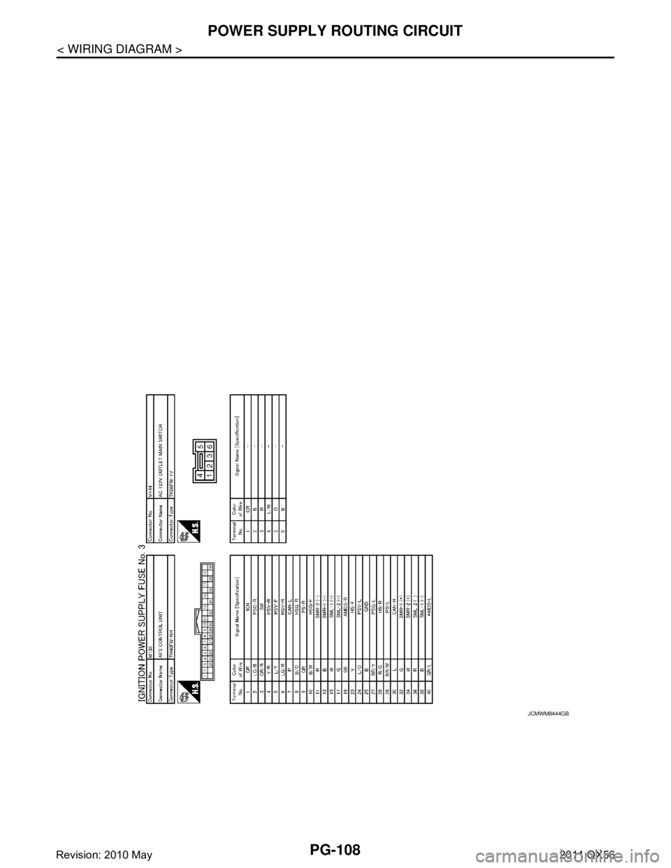 INFINITI QX56 2011  Factory Service Manual 
PG-108
< WIRING DIAGRAM >
POWER SUPPLY ROUTING CIRCUIT
JCMWM8444GB
Revision: 2010 May2011 QX56  