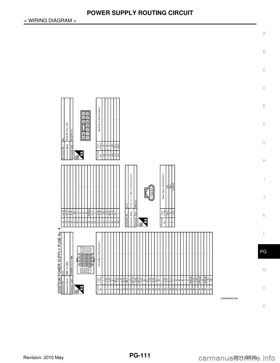 INFINITI QX56 2011  Factory Service Manual 
PG
POWER SUPPLY ROUTING CIRCUITPG-111
< WIRING DIAGRAM >
C
DE
F
G H
I
J
K L
B A
O P
N
JCMWM8447GB
Revision: 2010 May2011 QX56  