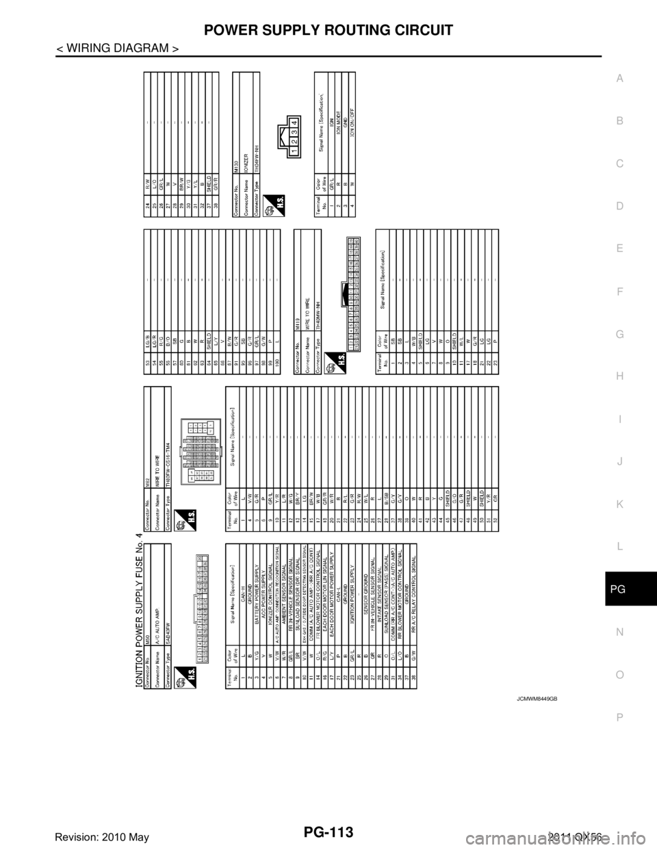INFINITI QX56 2011  Factory Service Manual 
PG
POWER SUPPLY ROUTING CIRCUITPG-113
< WIRING DIAGRAM >
C
DE
F
G H
I
J
K L
B A
O P
N
JCMWM8449GB
Revision: 2010 May2011 QX56  