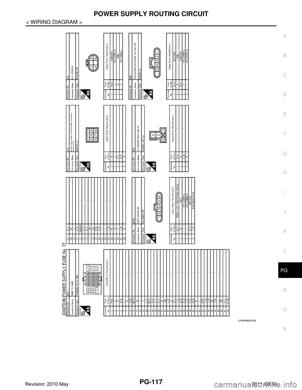 INFINITI QX56 2011  Factory Service Manual 
PG
POWER SUPPLY ROUTING CIRCUITPG-117
< WIRING DIAGRAM >
C
DE
F
G H
I
J
K L
B A
O P
N
JCMWM8453GB
Revision: 2010 May2011 QX56  