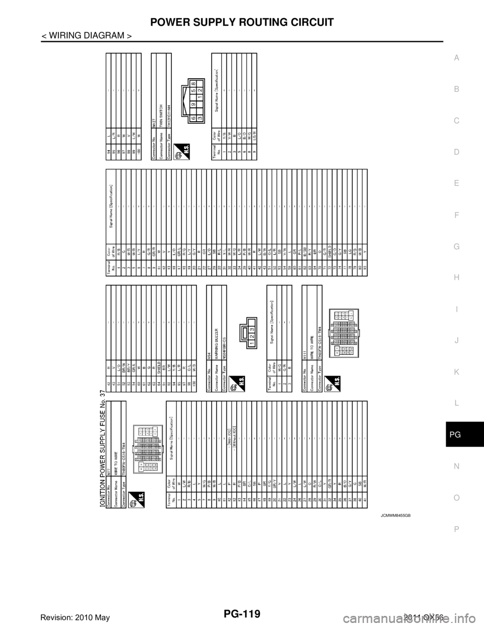 INFINITI QX56 2011  Factory Service Manual 
PG
POWER SUPPLY ROUTING CIRCUITPG-119
< WIRING DIAGRAM >
C
DE
F
G H
I
J
K L
B A
O P
N
JCMWM8455GB
Revision: 2010 May2011 QX56  