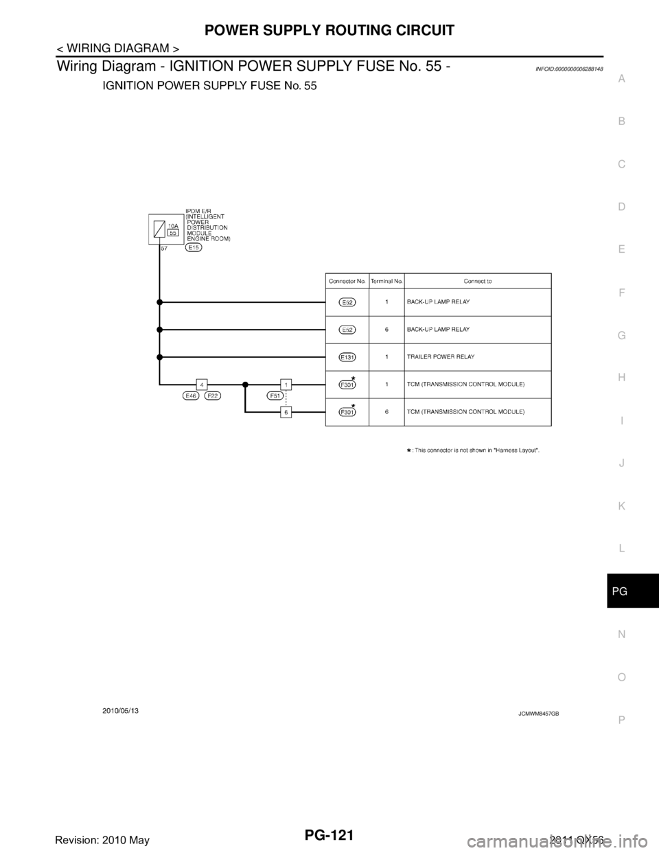 INFINITI QX56 2011  Factory Service Manual 
PG
POWER SUPPLY ROUTING CIRCUITPG-121
< WIRING DIAGRAM >
C
DE
F
G H
I
J
K L
B A
O P
N
Wiring Diagram - IGNITION PO
WER SUPPLY FUSE No. 55 -INFOID:0000000006288148
JCMWM8457GB
Revision: 2010 May2011 Q