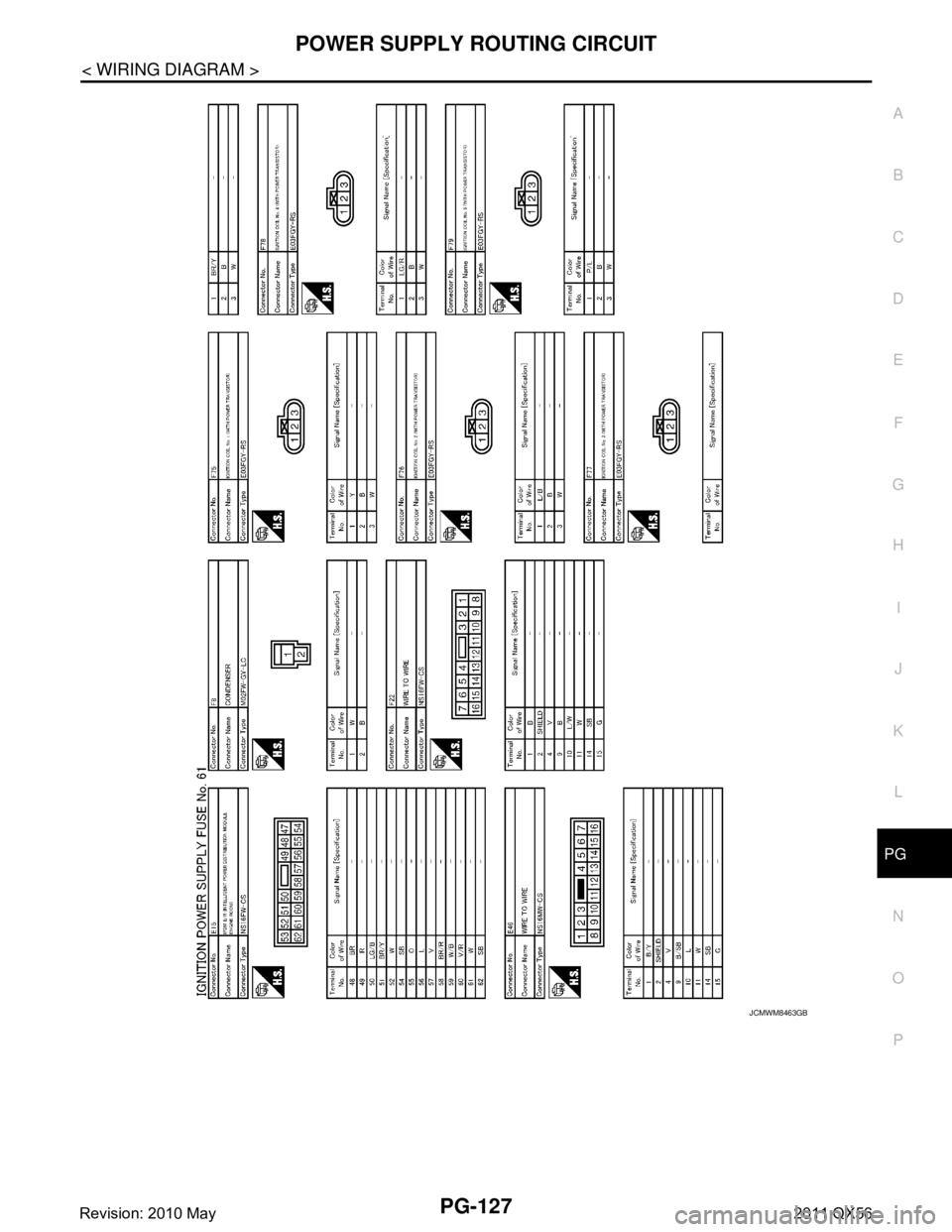 INFINITI QX56 2011  Factory Service Manual 
PG
POWER SUPPLY ROUTING CIRCUITPG-127
< WIRING DIAGRAM >
C
DE
F
G H
I
J
K L
B A
O P
N
JCMWM8463GB
Revision: 2010 May2011 QX56  