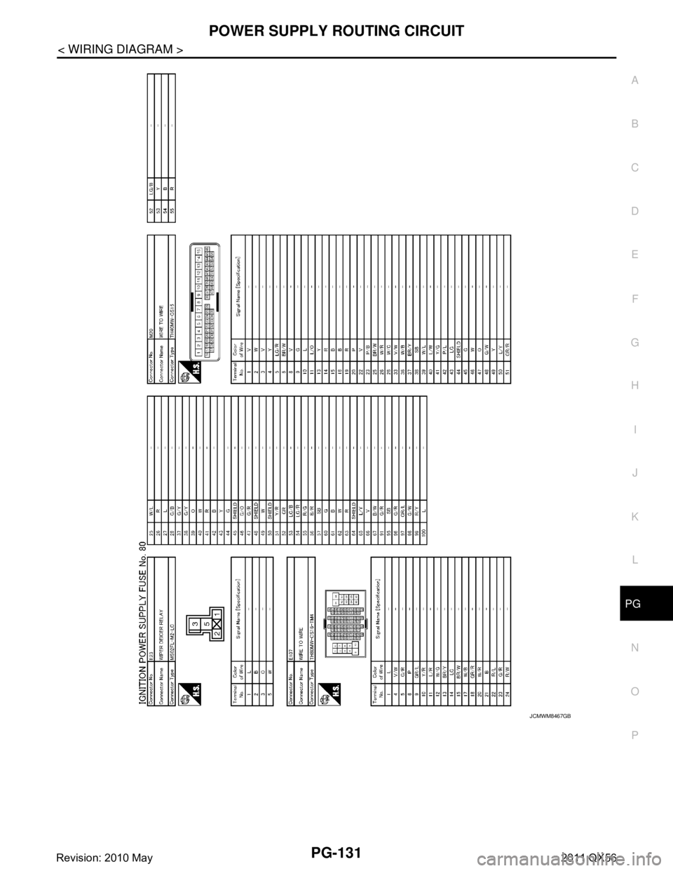 INFINITI QX56 2011  Factory Service Manual 
PG
POWER SUPPLY ROUTING CIRCUITPG-131
< WIRING DIAGRAM >
C
DE
F
G H
I
J
K L
B A
O P
N
JCMWM8467GB
Revision: 2010 May2011 QX56  