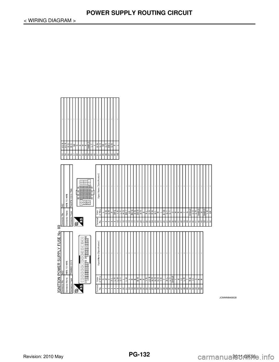 INFINITI QX56 2011  Factory Service Manual 
PG-132
< WIRING DIAGRAM >
POWER SUPPLY ROUTING CIRCUIT
JCMWM8468GB
Revision: 2010 May2011 QX56  
