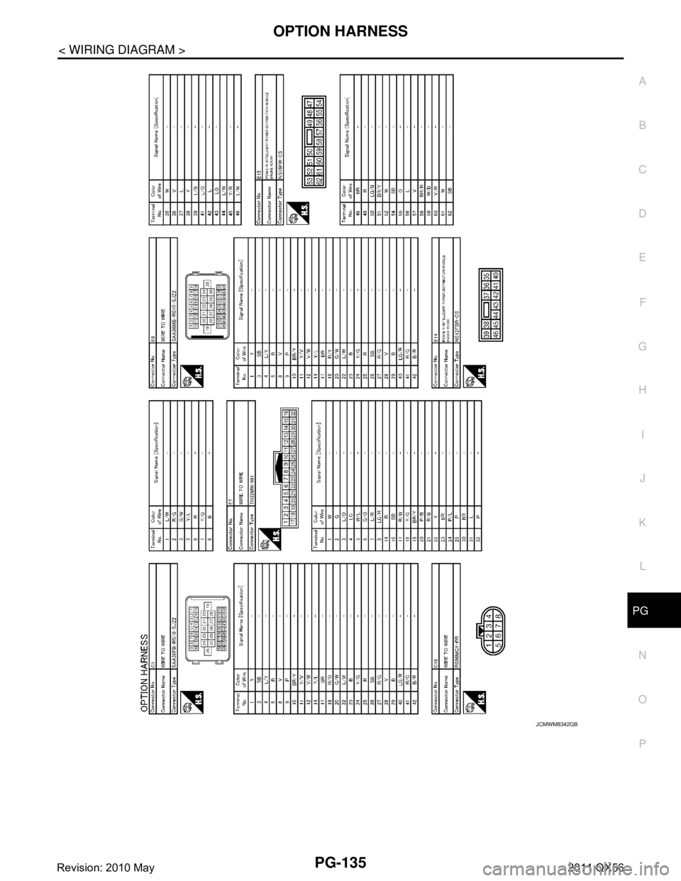 INFINITI QX56 2011  Factory Service Manual 
PG
OPTION HARNESSPG-135
< WIRING DIAGRAM >
C
DE
F
G H
I
J
K L
B A
O P
N
JCMWM8342GB
Revision: 2010 May2011 QX56  