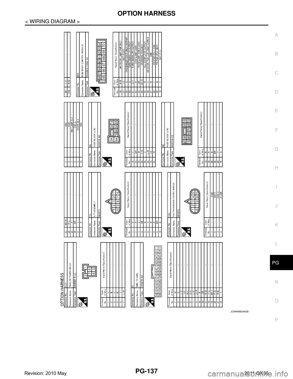 INFINITI QX56 2011  Factory Service Manual 
PG
OPTION HARNESSPG-137
< WIRING DIAGRAM >
C
DE
F
G H
I
J
K L
B A
O P
N
JCMWM8344GB
Revision: 2010 May2011 QX56  