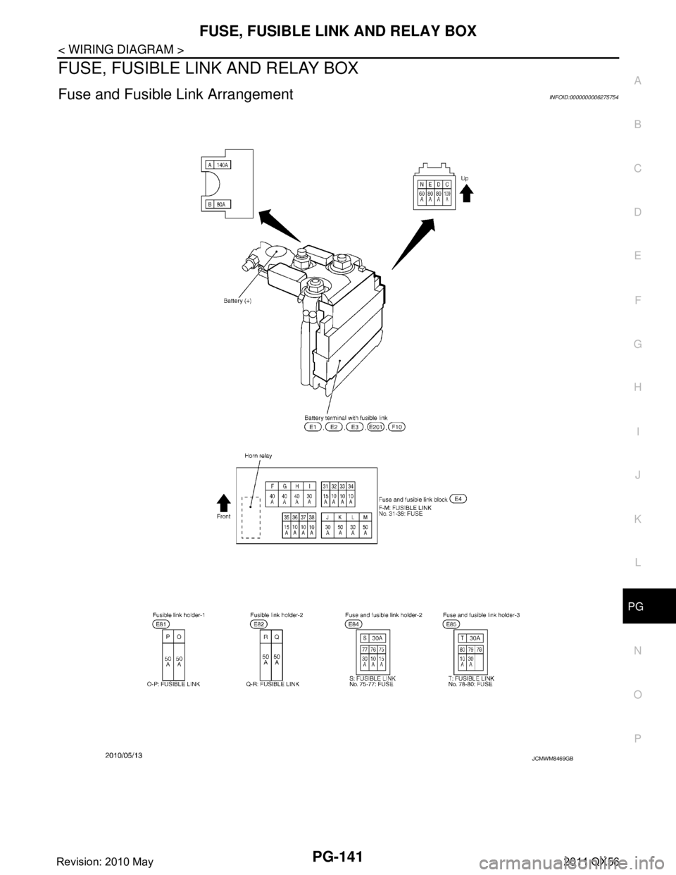 INFINITI QX56 2011  Factory Service Manual 
PG
FUSE, FUSIBLE LINK AND RELAY BOXPG-141
< WIRING DIAGRAM >
C
DE
F
G H
I
J
K L
B A
O P
N
FUSE, FUSIBLE LINK AND RELAY BOX
Fuse and Fusible Link ArrangementINFOID:0000000006275754
JCMWM8469GB
Revisio