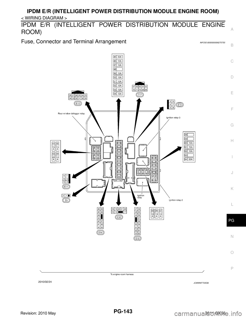INFINITI QX56 2011  Factory Service Manual 
PG
IPDM E/R (INTELLIGENT POWER DISTRIBUTION MODULE ENGINE ROOM)
PG-143
< WIRING DIAGRAM >
C
D E
F
G H
I
J
K L
B A
O P
N
IPDM E/R (INTELLIGENT POWER 
DISTRIBUTION MODULE ENGINE
ROOM)
Fuse, Connector a