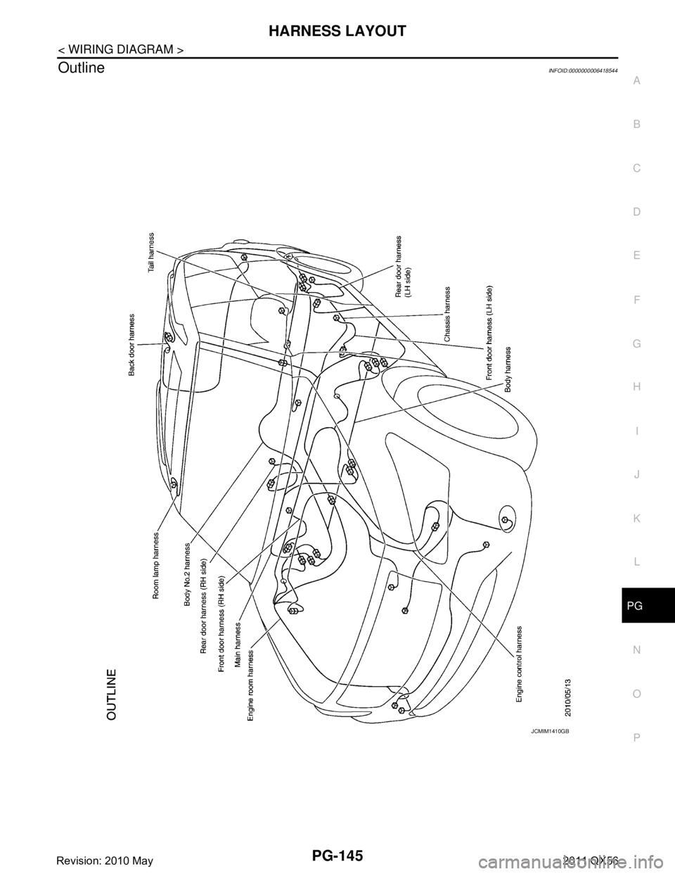 INFINITI QX56 2011  Factory Service Manual 
PG
HARNESS LAYOUTPG-145
< WIRING DIAGRAM >
C
DE
F
G H
I
J
K L
B A
O P
N
OutlineINFOID:0000000006418544
JCMIM1410GB
Revision: 2010 May2011 QX56  