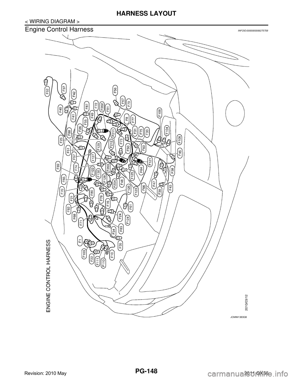 INFINITI QX56 2011  Factory Service Manual 
PG-148
< WIRING DIAGRAM >
HARNESS LAYOUT
Engine Control Harness
INFOID:0000000006275758
JCMIM1383GB
Revision: 2010 May2011 QX56  