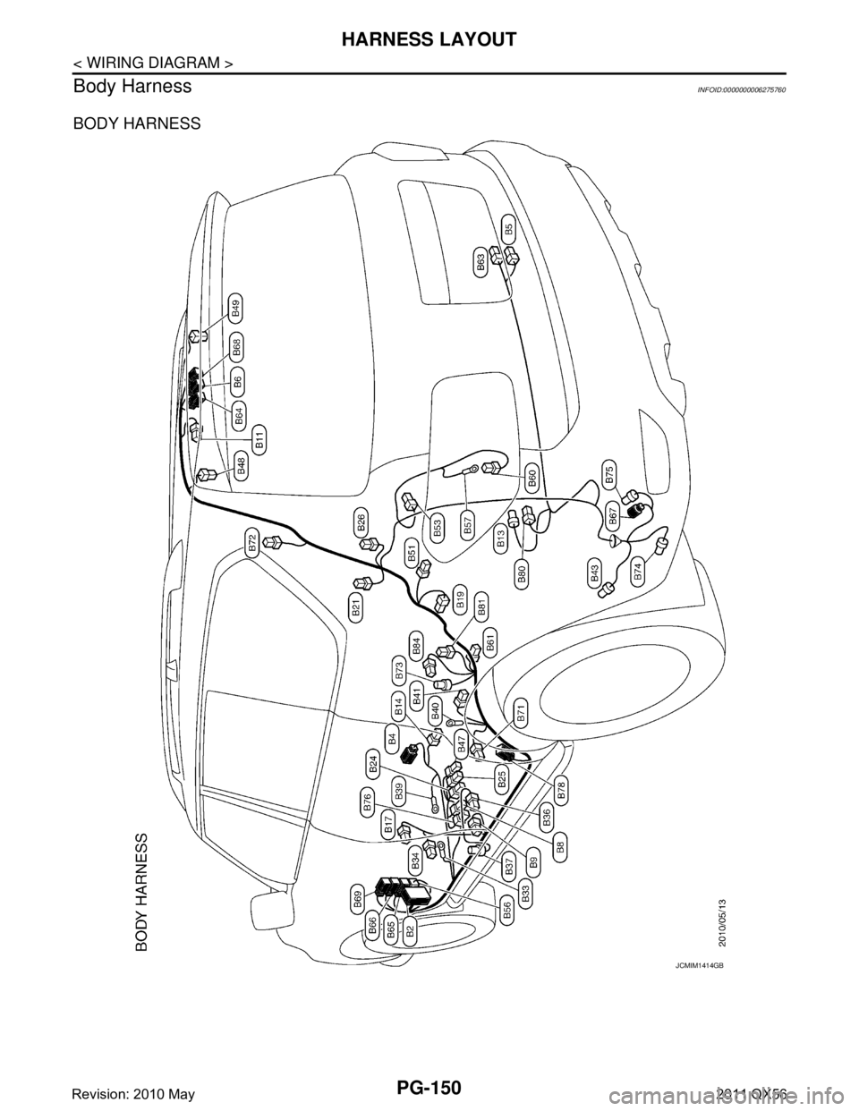 INFINITI QX56 2011  Factory Service Manual 
PG-150
< WIRING DIAGRAM >
HARNESS LAYOUT
Body Harness
INFOID:0000000006275760
BODY HARNESS
JCMIM1414GB
Revision: 2010 May2011 QX56  